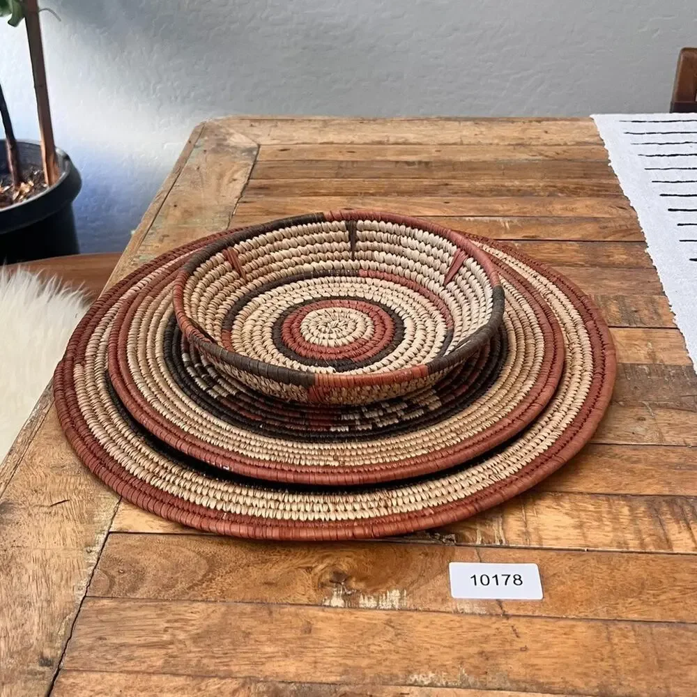 Set Of 3 African Fulani Mbeedu Rounded Flat Bowl Woven Baskets Boho